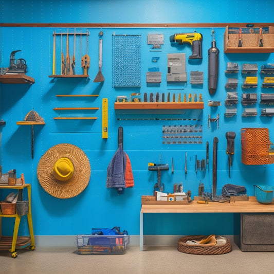 A clutter-free workshop with a sleek, wall-mounted tool board featuring neatly arranged power tools, hand tools, and accessories, with a pegboard background and a few strategically placed bins and hooks.