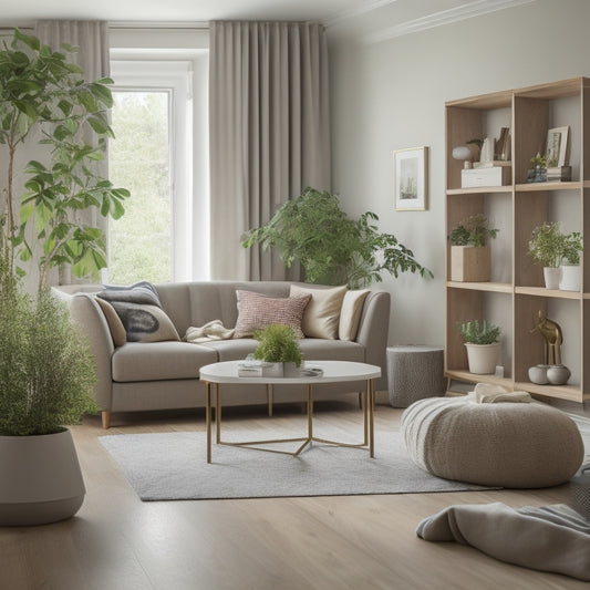 A serene, clutter-free living room with a few, carefully selected furniture pieces, a minimalist decor, and a single, open cardboard box in the corner, with a few folded clothes and a small plant peeking out.