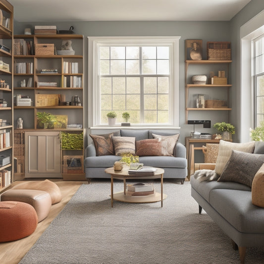 A cluttered living room transforms into a tidy space with a Murphy bed, hidden storage ottomans, and a floor-to-ceiling shelving unit, surrounded by minimal decor and plenty of natural light.