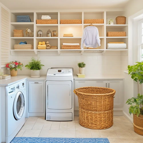 A clutter-free laundry room with a compact washer/dryer combo, surrounded by sleek white shelves, woven baskets, and a retractable drying rack, all nestled within a cramped 5x5-foot space.