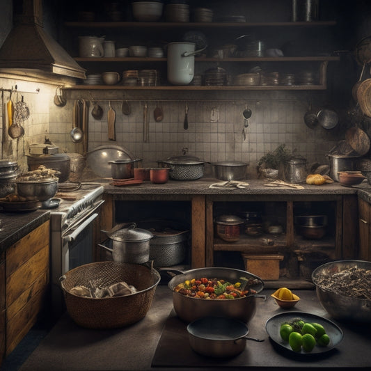 A dimly lit, cluttered kitchen with pots and pans stacked haphazardly, utensils spilling from a crowded countertop, and a few stray ingredients scattered on the floor, surrounded by cramped, worn cabinets.