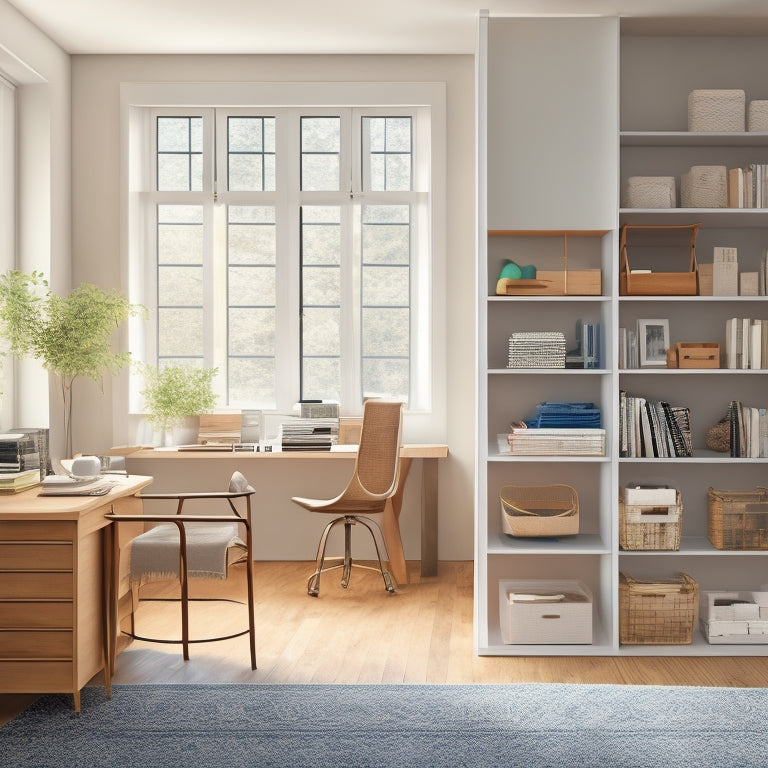 A clutter-free, minimalist room with a Murphy desk, a ladder leaning against a floor-to-ceiling bookshelf, and a compact storage unit with sliding drawers and baskets.