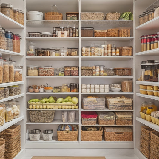 A tidy pantry with floor-to-ceiling shelves, filled with various storage bins in different sizes and shapes, each containing neatly arranged kitchen items, including cans, spices, and baking supplies.