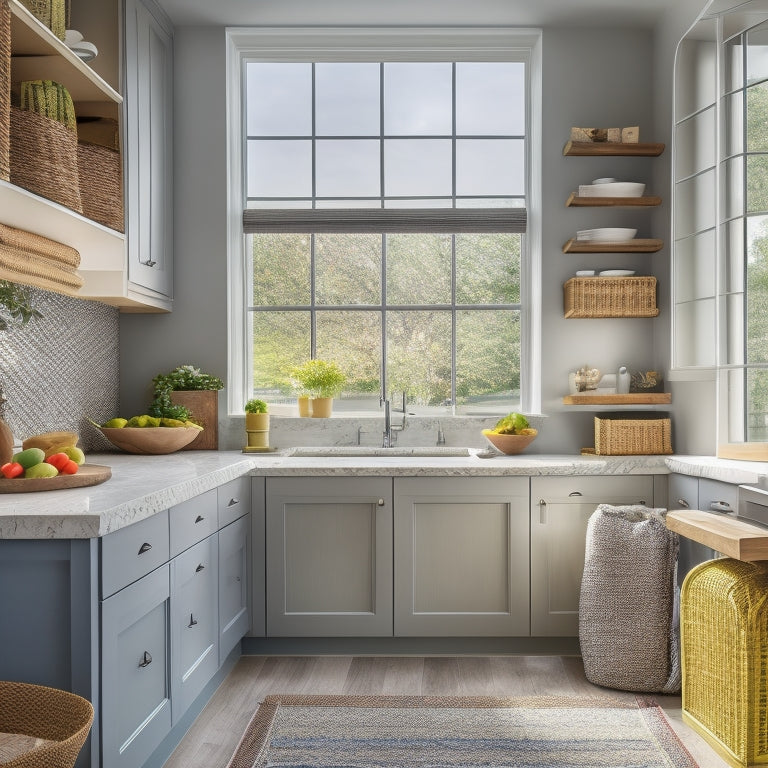 A bright, modern kitchen with a large window seat featuring three hinged, cushioned sections, each with a different storage solution: woven baskets, wooden crates, and a sliding drawer.