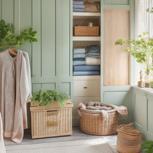 A serene, pastel-hued closet interior with refurbished vintage furniture, woven baskets, and repurposed fabric scraps, surrounded by lush greenery and soft, warm lighting.