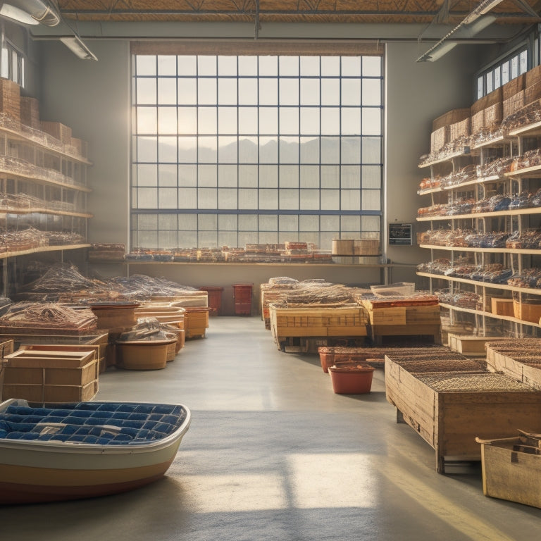 A serene, well-organized boat storage facility with neatly arranged vessels, labeled bins, and a sleek, industrial shelving system, illuminated by soft, natural light pouring in through large windows.