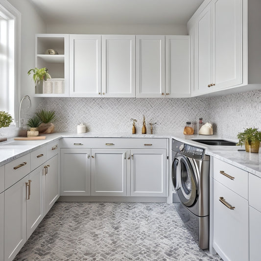 A bright, modern laundry room with gleaming white quartz countertops, soft-close cabinets in a warm gray tone, and a stunning geometric-patterned floor, surrounded by crisp white walls and gleaming chrome accents.