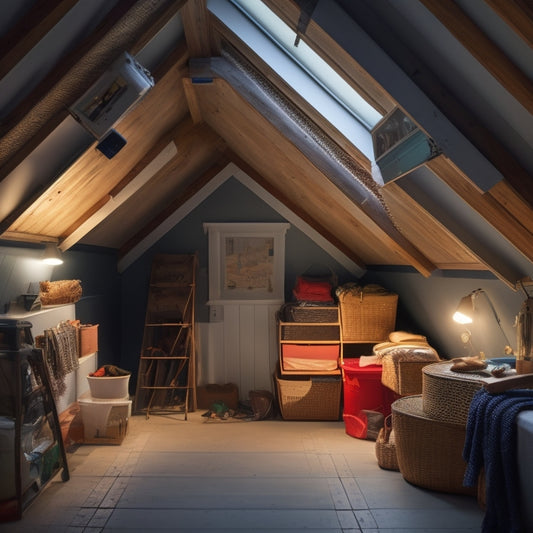 A cluttered attic transforms into a organized space: stacked plastic bins, labeled storage cubes, and a retractable attic ladder, surrounded by warm lighting and a faint starry night sky through a skylight.