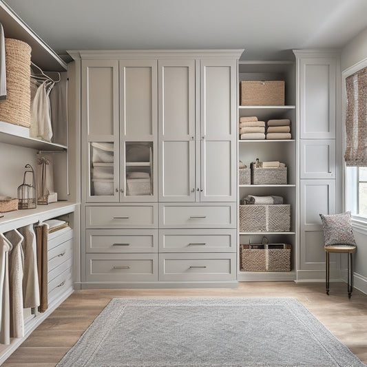 A serene, well-lit master closet with a soft gray and cream color scheme, featuring a hybrid shelving system with adjustable rods, woven baskets, and a built-in island with drawers and a velvet stool.