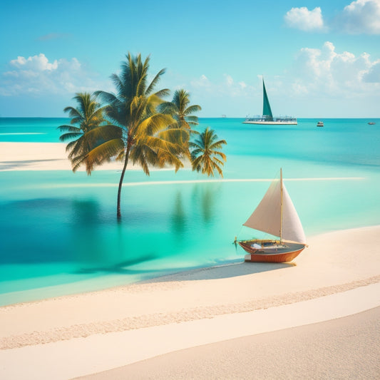 A serene, crescent-shaped beach with a few scattered palm trees, a minimalist wooden cabin in the distance, and a small sailboat anchored in the calm turquoise waters, surrounded by floating storage boxes.