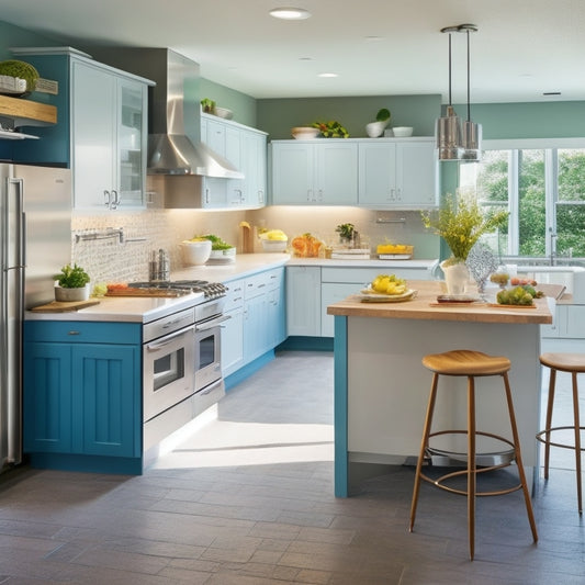 A bright, modern kitchen with a wheelchair-accessible island, lowered countertops, and a roll-under sink, featuring a sleek, wall-mounted faucet and ample floor space for easy navigation.