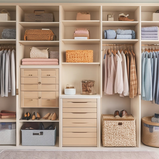 A serene, organized closet interior with soft, warm lighting, featuring custom storage bins and shelves with colorful, minimalist labels, and a few stylishly arranged garments and accessories.