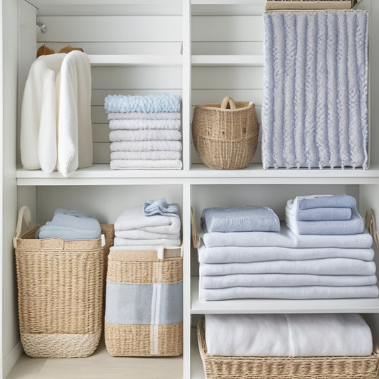 A serene, well-lit linen closet with neatly stacked, folded, and hung linens in calming whites and creams, surrounded by wicker baskets and decorative storage bins, against a soft, pale blue background.