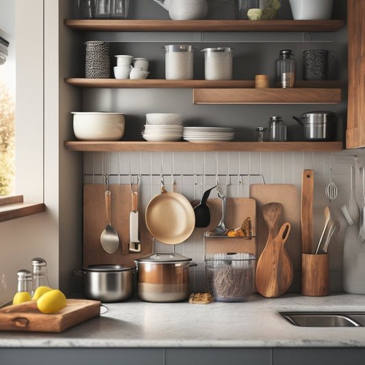 A tidy, compact kitchen with a shallow drawer organizer, a spice rack on the side of a cabinet, a hanging pot rack, and a utensil holder attached to the countertop edge.