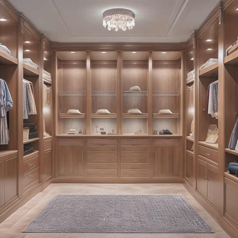 A luxurious walk-in closet with sleek, floor-to-ceiling cabinets in a warm wood tone, accompanied by a spacious island with a built-in bench and ambient LED lighting.