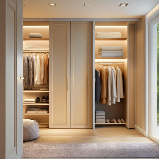 A luxurious, modern walk-in closet with sleek, floor-to-ceiling Close wardrobe systems in a combination of matte and gloss finishes, surrounded by warm, beige-toned walls and soft, ambient lighting.