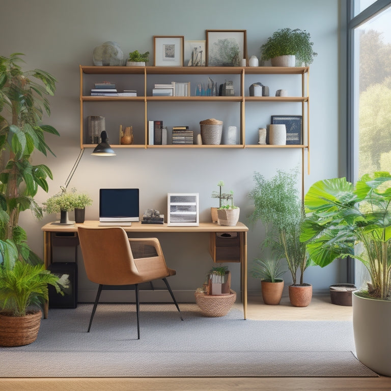 A clutter-free home office with a sleek, minimalist desk, a comfortable ergonomic chair, and a floor-to-ceiling shelving unit filled with neatly organized storage bins and a few potted plants.