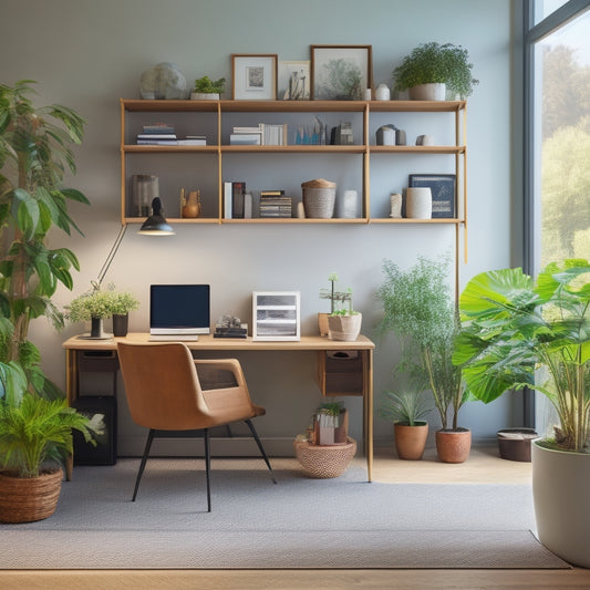 A clutter-free home office with a sleek, minimalist desk, a comfortable ergonomic chair, and a floor-to-ceiling shelving unit filled with neatly organized storage bins and a few potted plants.