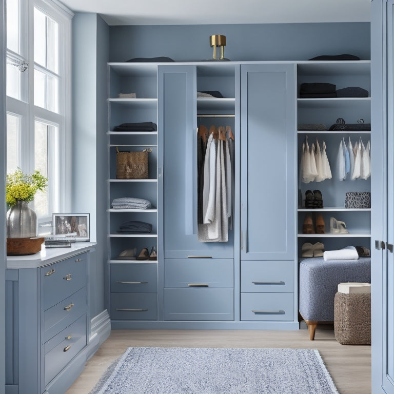 A bright, modern walk-in closet with creamy white walls, dark wood floors, and a mix of Ikea and Semihandmade cabinets in a calming blue-gray hue, showcasing a harmonious blend of styles.