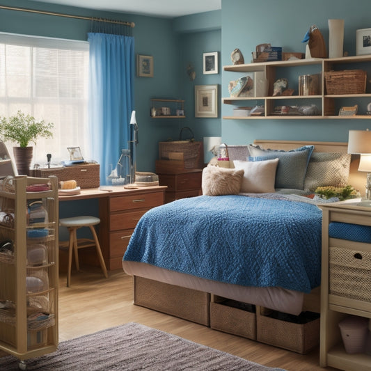An organized senior's bedroom with a few essential items, featuring a bed with storage drawers, a compact dresser with easy-grip handles, and a labeled shelving unit with baskets and a walker nearby.
