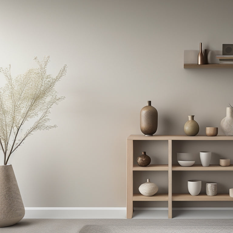 A minimalist living room with cream walls, featuring three wooden floating shelves in a natural oak finish, each holding a few decorative vases and books, against a neutral gray background.