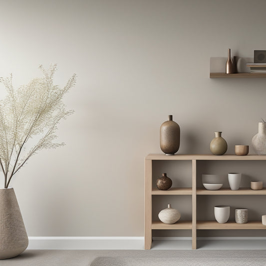 A minimalist living room with cream walls, featuring three wooden floating shelves in a natural oak finish, each holding a few decorative vases and books, against a neutral gray background.
