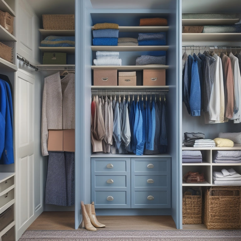 A tidy closet interior with wooden shelves and a clothes rack, featuring a few organized garments with colorful, custom-designed labels attached, and a few sheets of blank labels on a nearby desk.