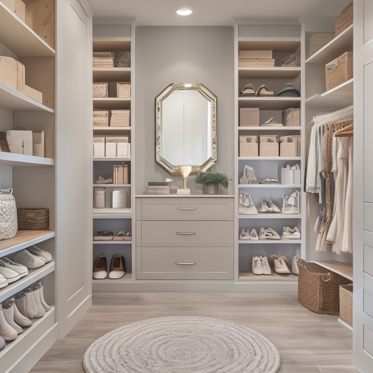 A serene and organized walk-in closet with floor-to-ceiling shelves, sliding drawers, and a built-in shoe rack, featuring a mix of open and closed storage in a calming, neutral color palette.