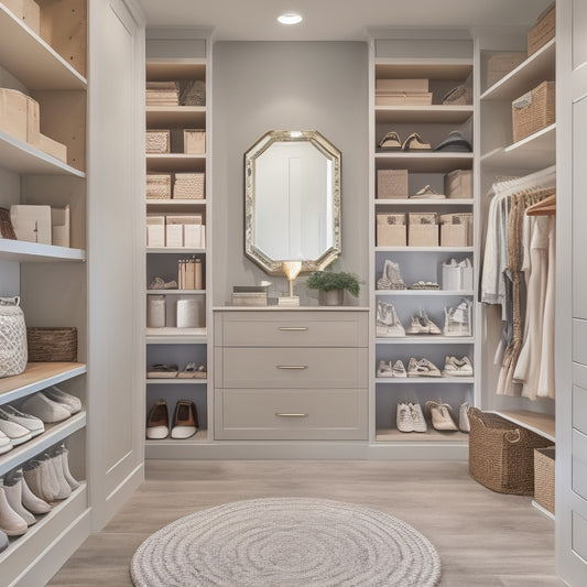 A serene and organized walk-in closet with floor-to-ceiling shelves, sliding drawers, and a built-in shoe rack, featuring a mix of open and closed storage in a calming, neutral color palette.