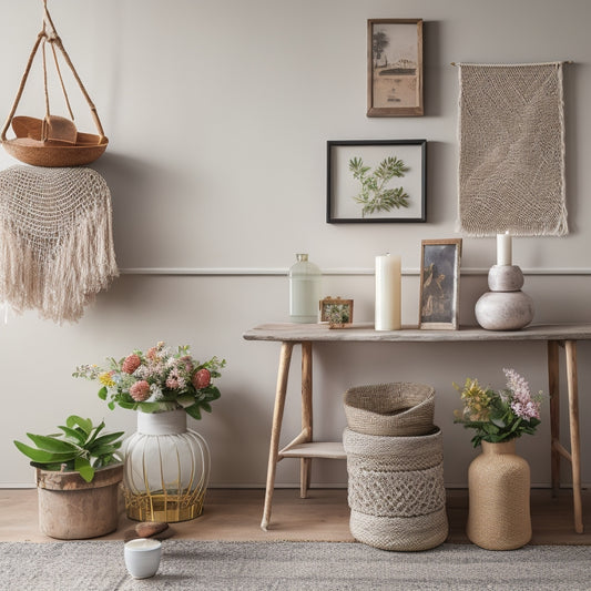 A beautifully styled room with a mix of 5-7 DIY decor projects, including a macrame wall hanging, a vase with fresh flowers, and a reclaimed wood shelf, set against a light, airy background.