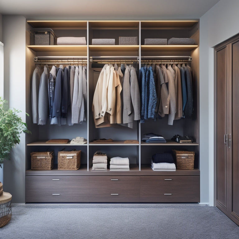 A sleek, modern closet with a large, touchscreen display mounted on a wall, surrounded by organized shelves, drawers, and a clothes rack, with a few stylish outfits hanging, and a few shoes on the floor.