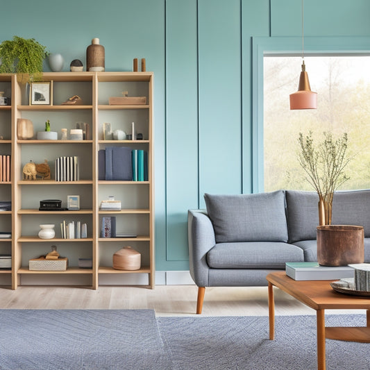 A serene, modern living room with a custom-built shelving unit, tidy storage bins, and a few, carefully-placed decorative items, surrounded by ample negative space, in a calming color palette.