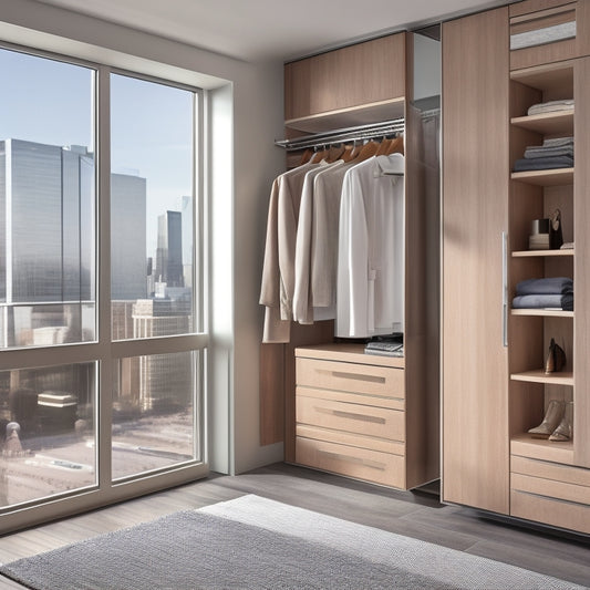 A modern, sleek closet with polished chrome handles, soft-close drawers, and a neutral color palette, set against a warm, natural wood backdrop, with a subtle cityscape view through the window.