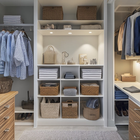 A tidy, well-lit closet with a mix of shelves, drawers, and rods, showcasing various storage solutions like baskets, bins, and hanging organizers, with a few DIY projects in progress.