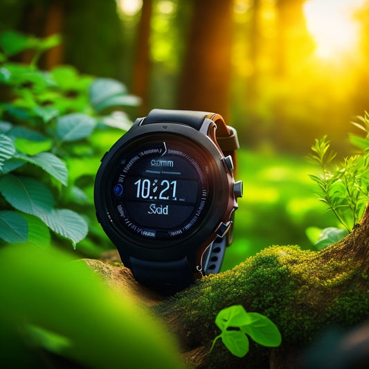 A close-up of a sleek, black Garmin Forerunner 45/45S smartwatch on a runner's wrist, surrounded by blurred greenery, with sunlight reflecting off the watch face, showcasing its vibrant display.