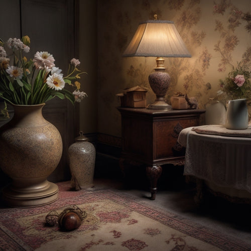 A dimly lit, cluttered corner of a room with a dusty, forgotten vase, a tangled power cord, and a few stray dust bunnies, surrounded by worn, beige wallpaper and a faded, floral-patterned carpet.