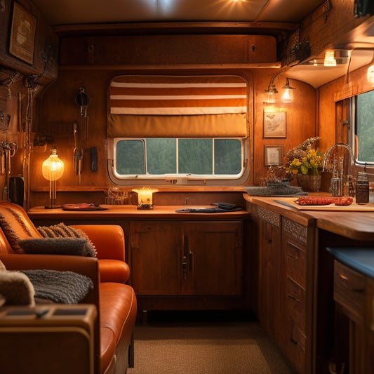 A dimly lit, retro-styled interior of a vintage Airstream model, with warm golden lighting, exposed copper wires, and a mix of antique and modern electrical components scattered around a restored wooden workbench.