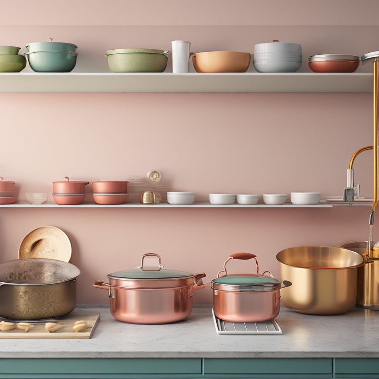 A tidy, modern kitchen with sleek, wall-mounted lid racks of varying sizes, filled with assorted pot lids in a gradient of metallic and silicone finishes, against a soft, creamy background.