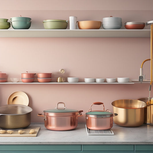 A tidy, modern kitchen with sleek, wall-mounted lid racks of varying sizes, filled with assorted pot lids in a gradient of metallic and silicone finishes, against a soft, creamy background.