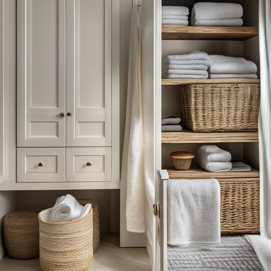 A tidy linen closet with soft, white folded towels and sheets stacked on wooden shelves, with woven baskets and a few decorative vases, illuminated by a warm, soft light.