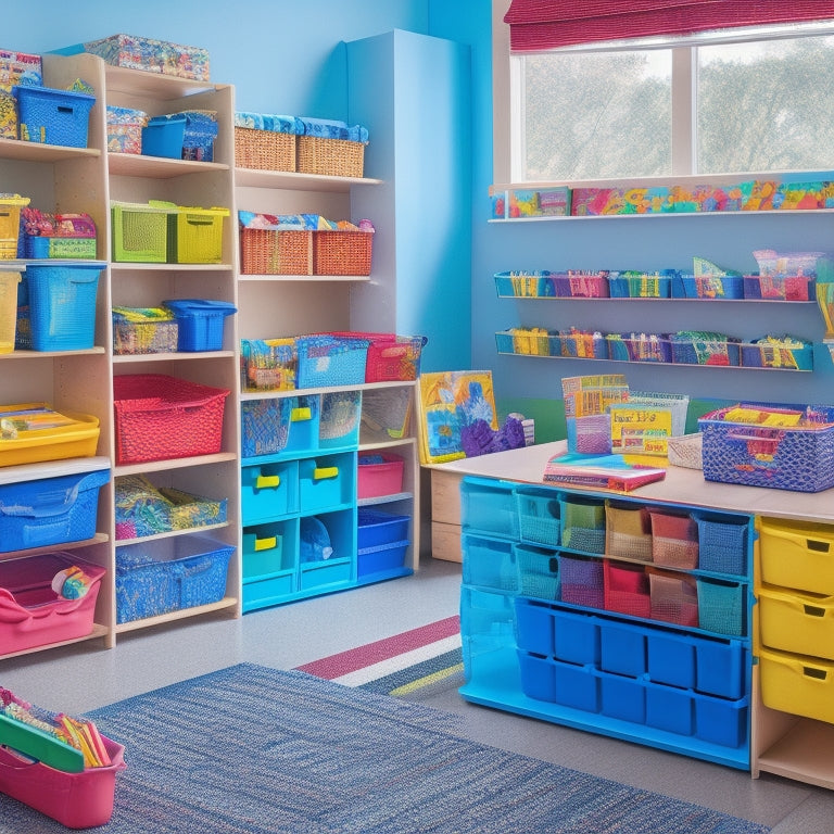 A colorful, organized kindergarten classroom with labeled bins, baskets, and shelves filled with toys, art supplies, and educational materials, showcasing a variety of efficient storage solutions.