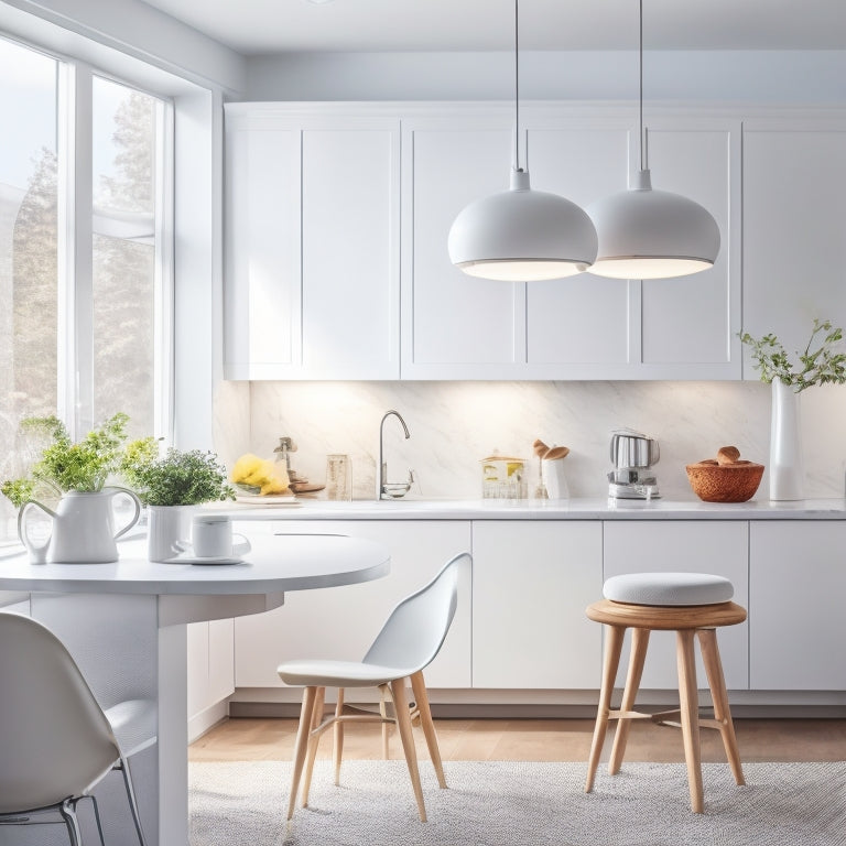 A serene, all-white kitchen with sleek, handle-less cabinets, a compact island, and a wall-mounted foldable dining table, illuminated by a-large, circular pendant light above a minimalist breakfast nook.