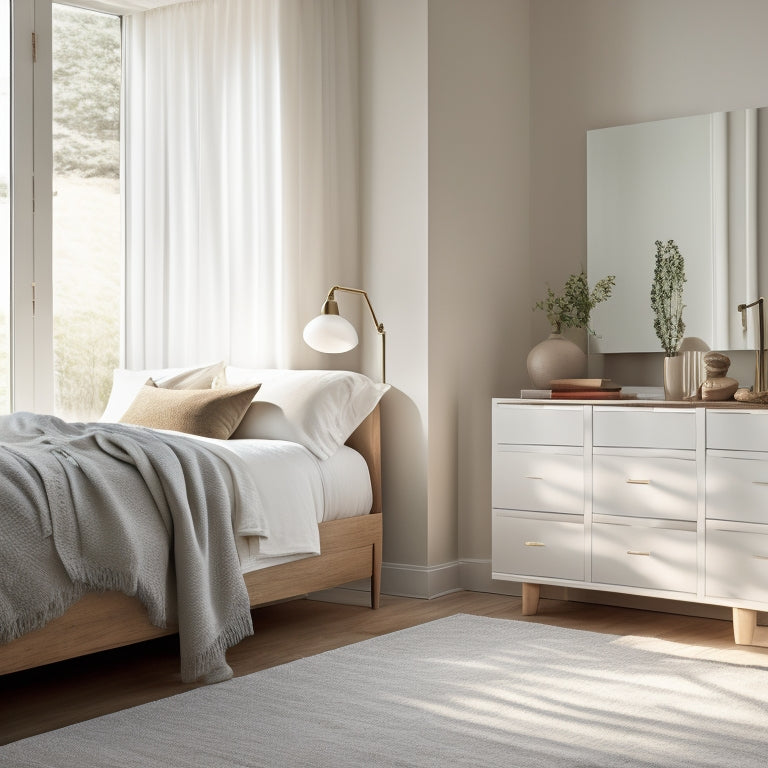 A serene, sunlight-filled bedroom with a plush, white duvet, featuring a minimalist wooden nightstand with a single, delicate lamp, and a floor-to-ceiling storage unit with sliding doors.