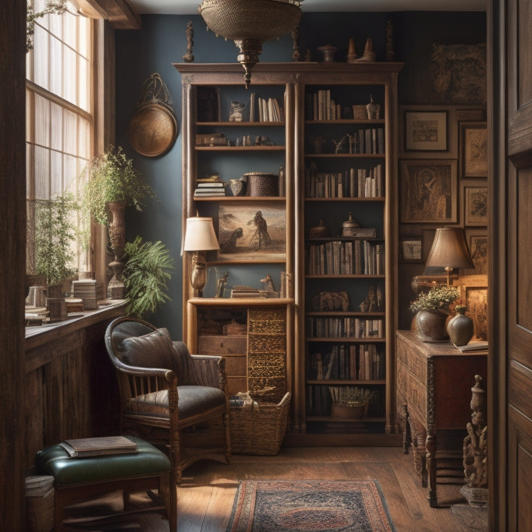 A warm, well-lit room with a wooden ladder leaning against a floor-to-ceiling bookcase, filled with vintage novels, decorative vases, and framed artwork, surrounded by DIY tools and half-finished projects.