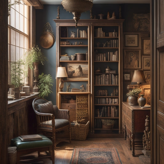 A warm, well-lit room with a wooden ladder leaning against a floor-to-ceiling bookcase, filled with vintage novels, decorative vases, and framed artwork, surrounded by DIY tools and half-finished projects.