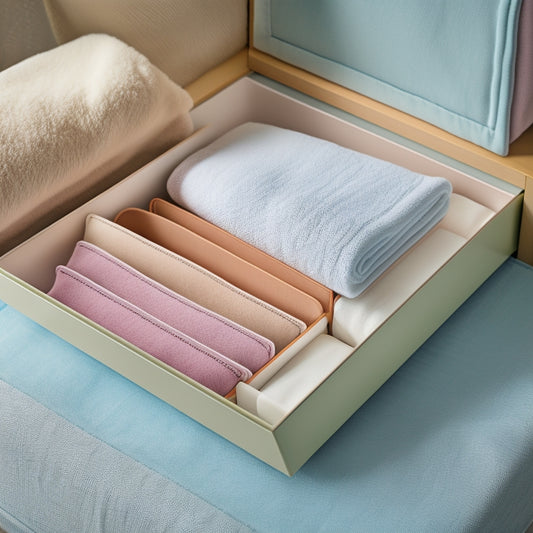 A serene, minimalist drawer interior with neatly organized, soft-close dividers, holding a few, carefully folded, pastel-hued towels and a small, leather-bound journal, illuminated by a soft, warm light.