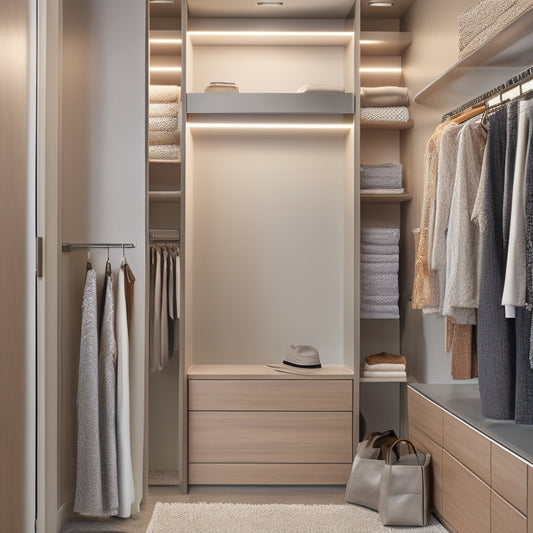 A modern, sleek closet with polished chrome fixtures, warm wood tones, and soft LED lighting, filled with neatly organized clothing and accessories, set against a desert-inspired neutral backdrop.
