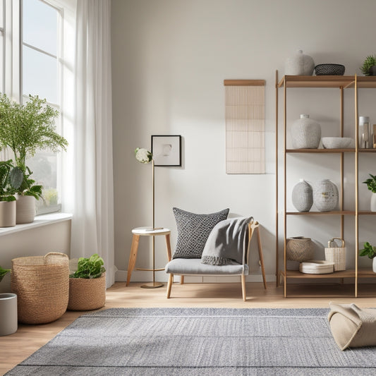 A minimalist, modern living room with a sleek, wall-mounted shelf system, woven baskets, and a geometric-patterned rug, illuminated by soft, warm lighting and plenty of greenery.