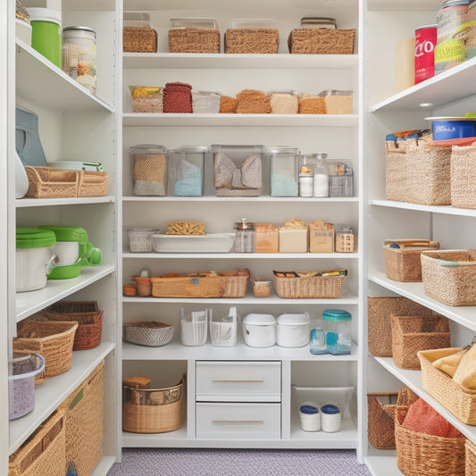 A bright, organized pantry closet with white shelves, baskets, and bins, featuring a lazy Susan, a stack of labeled canisters, and a few neatly arranged kitchen utensils.