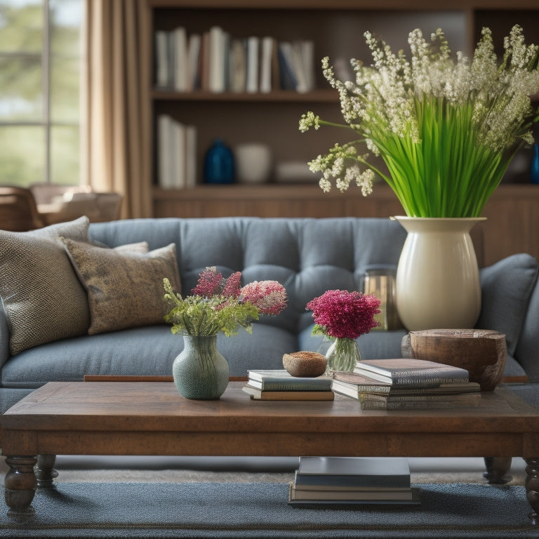 A serene, light-filled living room with a plush sectional sofa, a vase of fresh flowers, and a stack of books with colorful spines on a rustic wooden coffee table.